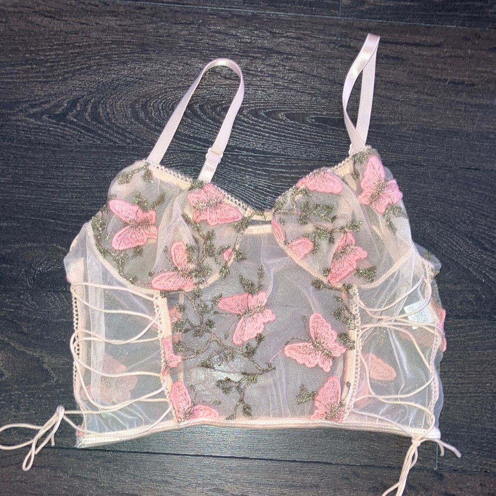 Pink and Green Embroidered Mesh Crop Top - Picture 3 of 7